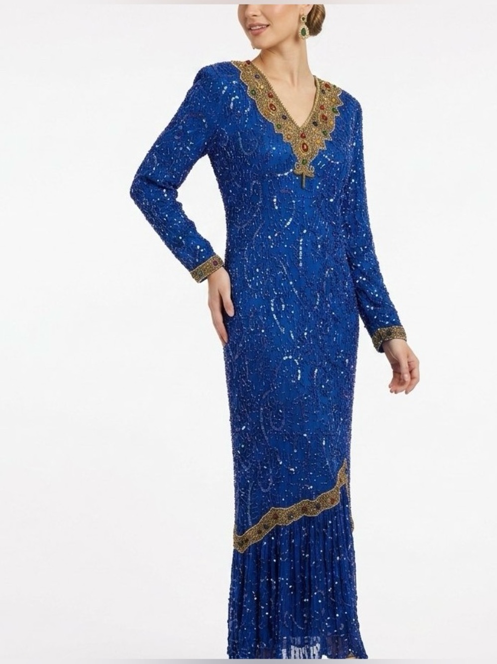 Vintage Tan-Chho Silk Beaded Sequin Maxi Gown Dress Royal Blue Size XL